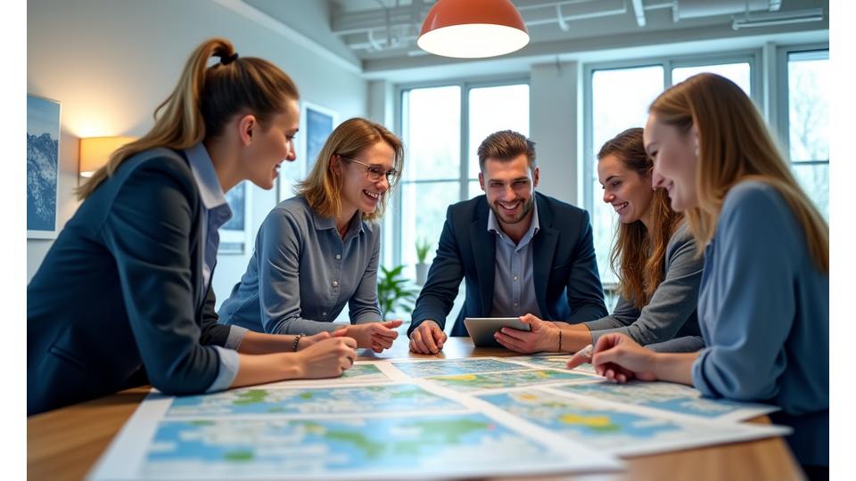 Team von Askypas Road & Travel plant Routen in einem modernen Büro mit Landkarten und Reisedokumenten
