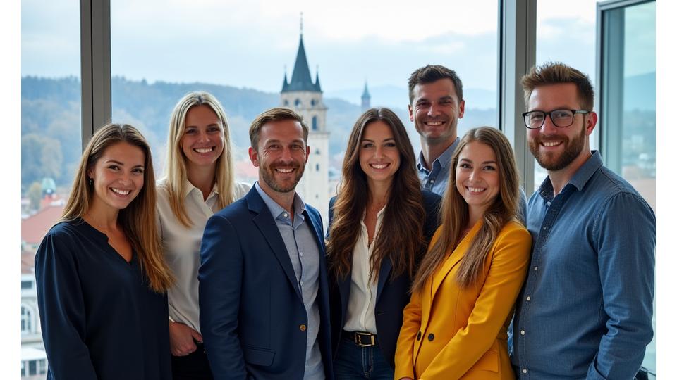 Professionelles Gruppenfoto des Askypas Road & Travel Teams in ihrem Büro in Graz