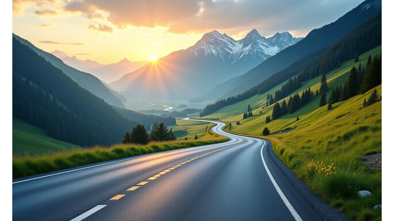 Road through picturesque Austrian Alps with map overlay and a compass indicating direction