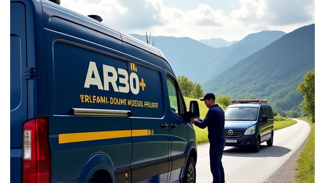 Blaues ARBÖ-Pannenfahrzeug bei der Reparatur eines Reifens am Straßenrand in den österreichischen Alpen.