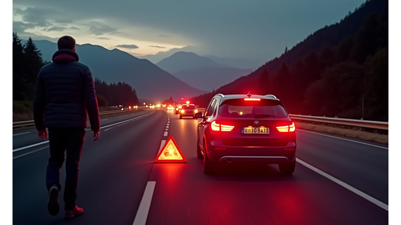 Person stellt Warndreieck hinter defektem Auto auf der Autobahn auf, beleuchtet von Warnblinkern bei Sonnenuntergang.