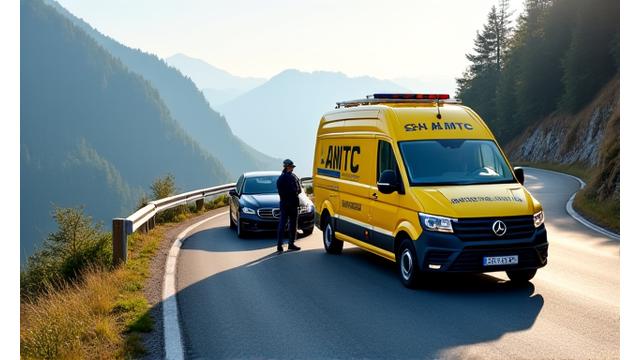 Gelbes ÖAMTC-Pannenfahrzeug hilft einem liegengebliebenen Auto auf einer österreichischen Autobahn.
