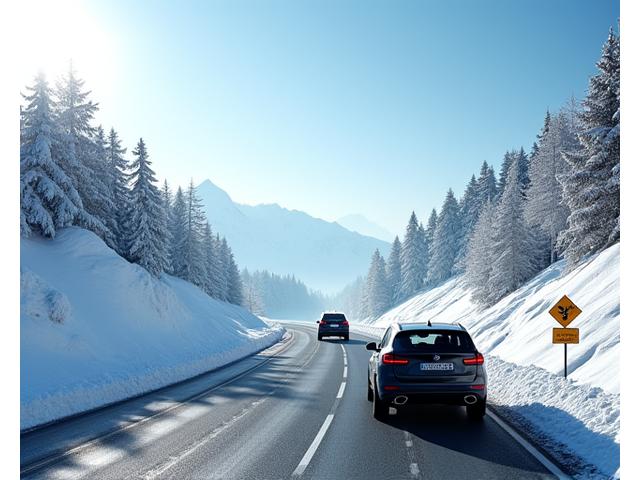 Verschneite Alpenstraße mit Schneekettenpflichtzeichen und sicheren Fahrzeugen