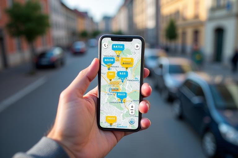 Smartphone zeigt eine Park-App mit einer interaktiven Karte von Graz, die farbcodierte Parkzonen und Preise anzeigt.