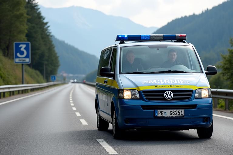 Polizeiauto mit Blaulicht auf einer österreichischen Autobahn, im Hintergrund ein Verkehrsschild mit Tempolimit.