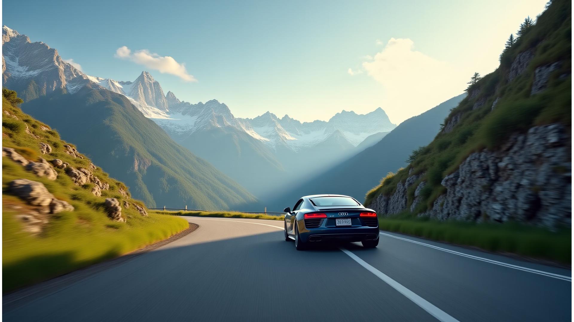 Majestätische österreichische Alpenstraße bei Sonnenuntergang, ein Sportwagen fährt auf einer kurvenreichen Straße.