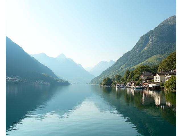 Ein ruhiger See im Salzkammergut mit traditionellen Häusern am Ufer und Bergen im Hintergrund.