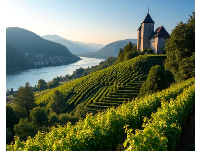 Weinberge im Wachautal mit der Donau und einer Burg auf einem Hügel im Hintergrund.