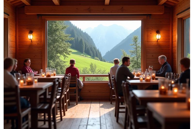 Traditionelle österreichische Almhütte mit Bergen im Hintergrund