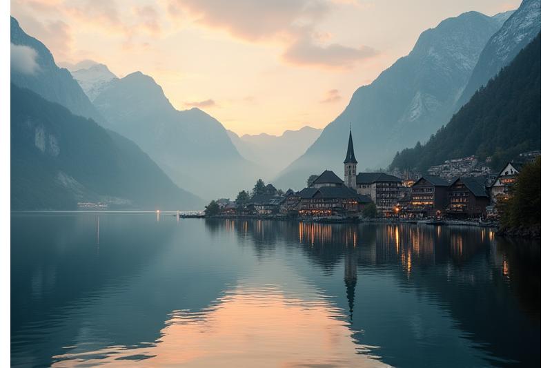 Hallstatt Dorf bei Sonnenaufgang mit See und Bergen im Hintergrund