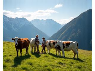 Eine Bäuerin, die auf einer blühenden Almwiese in den österreichischen Alpen Käse herstellt, mit Kühen im Hintergrund.