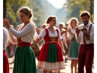 Gruppe von Österreichern in Tracht, die traditionelle Volksmusikinstrumente spielen und tanzen.