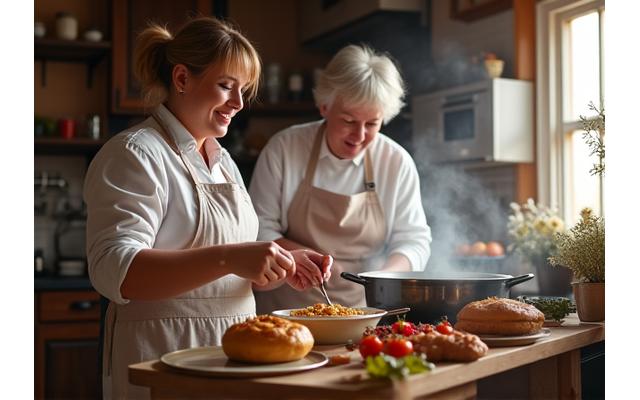 Ein gemütliches, traditionelles österreichisches Gasthaus mit einer Familie, die gemeinsam in der Küche kocht und lacht.