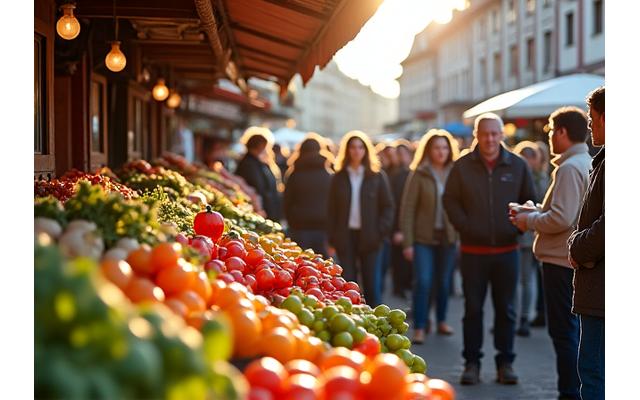 Buntes Treiben auf dem Kaiser-Josef-Markt in Graz mit Ständen voller frischer regionaler Produkte und glücklichen Menschen.