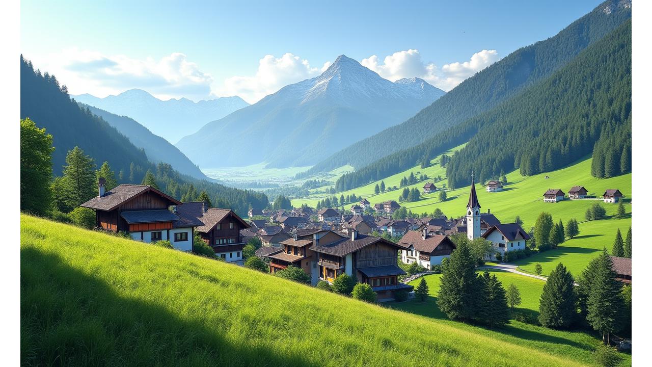 Malerisches österreichisches Dorf, eingebettet in grüne Hügel, mit traditionellen Häusern und einer Kirche, symbolisiert das ruhige Leben und die Authentizität.