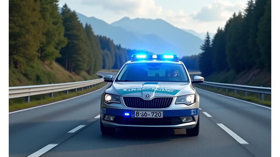 Österreichische Polizeiauto mit Blaulicht bei einer Verkehrskontrolle