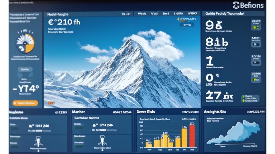 Ein digitales Dashboard, das regionale Wetterkarten von Österreich mit Schneefallprognosen, Temperaturkurven und einer Lawinenrisikobewertung anzeigt. Elemente in Blau-, Grau- und Akzentfarben.