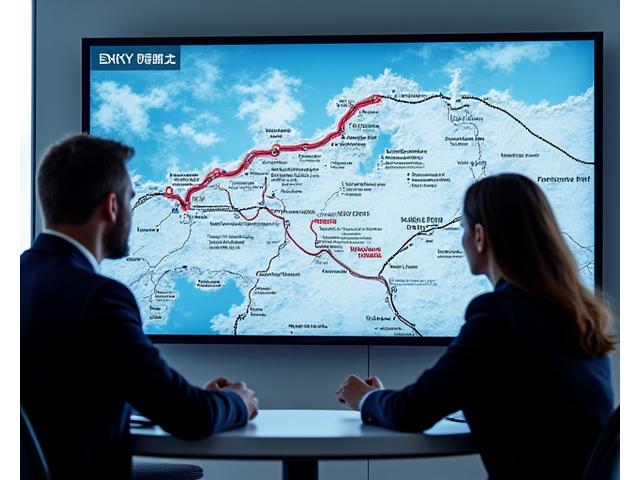 Ein Reisender sitzt mit einem Askypas-Berater vor einem großen digitalen Kartenbildschirm, der eine winterliche Route durch die österreichischen Alpen mit eingezeichneten Sicherheitszonen und alternativen Wegen anzeigt. Der Fokus liegt auf detaillierter Planung.